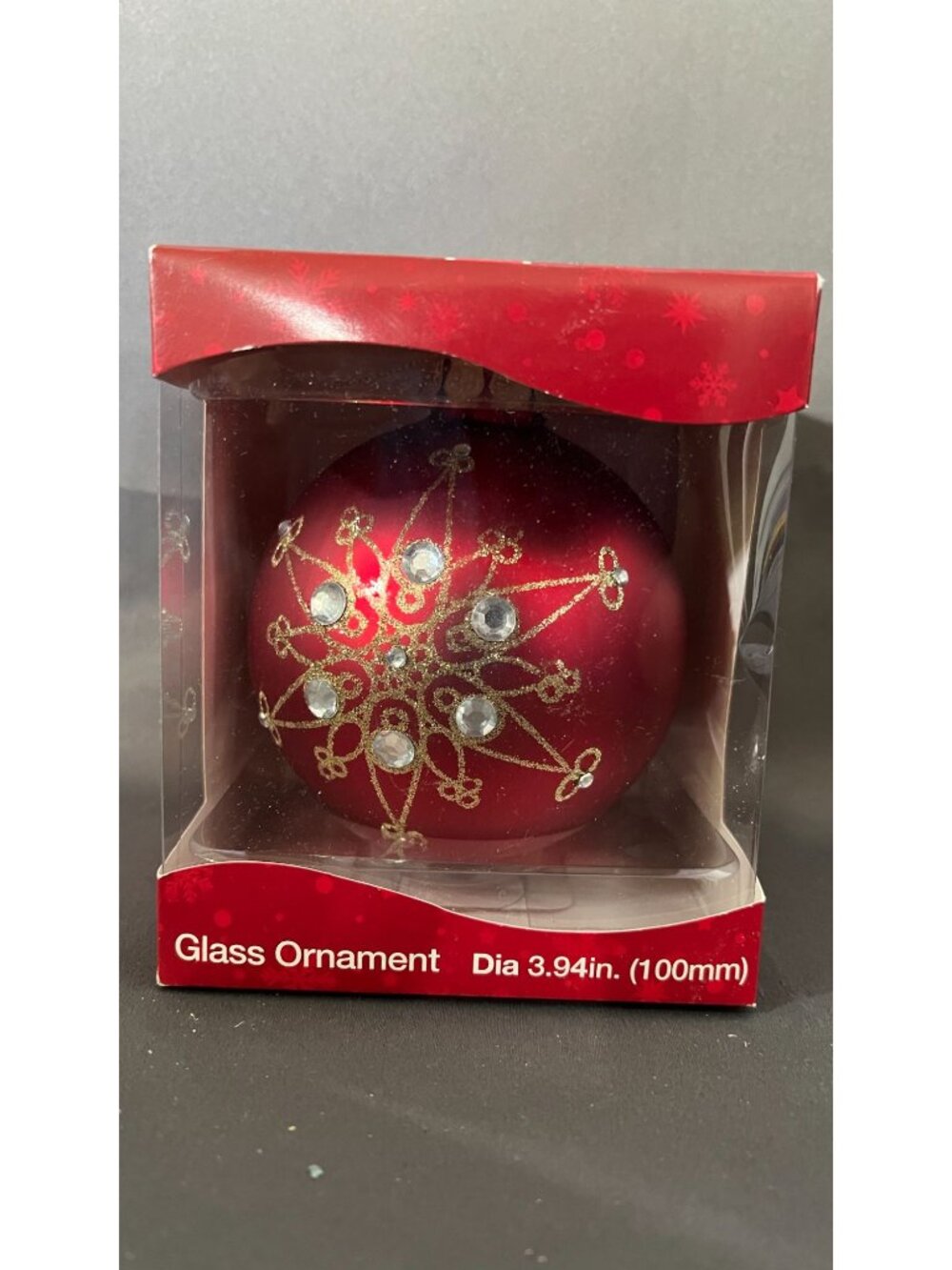 Glass Ornament Red Finial Snowflake Rhinestones 3.94" Boxed - Picture 2 of 4